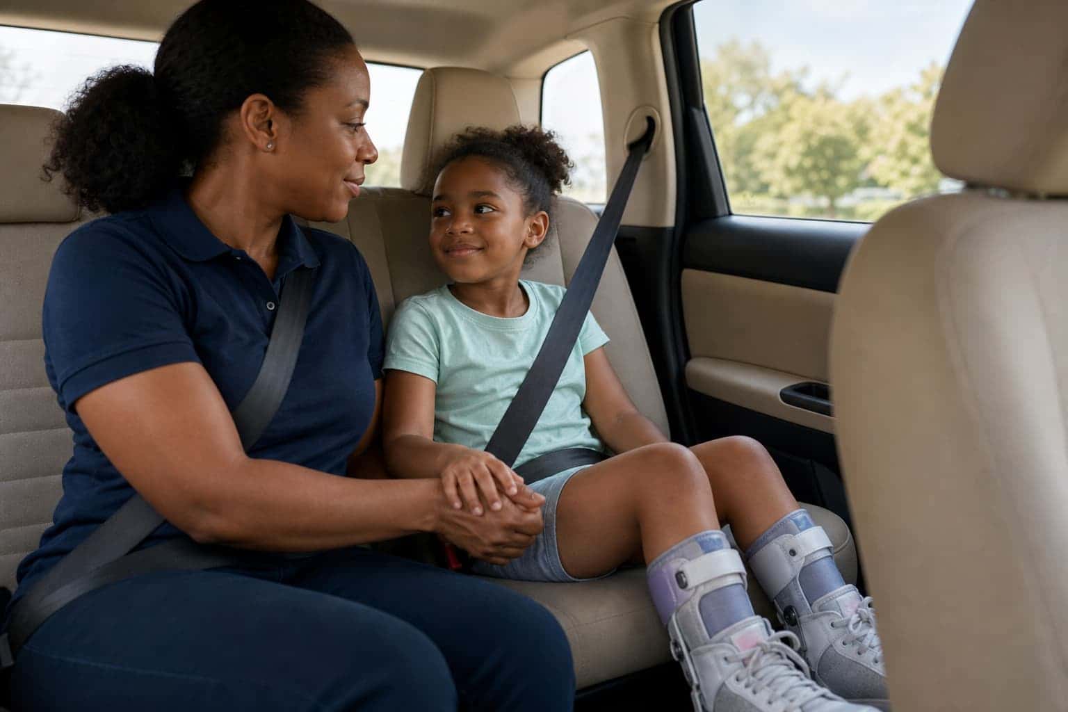 Black female monitor reassuring a young child with mobility supports during a ride