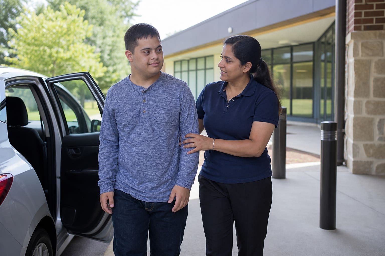Monitor escorting a young adult with a developmental disability into a day program