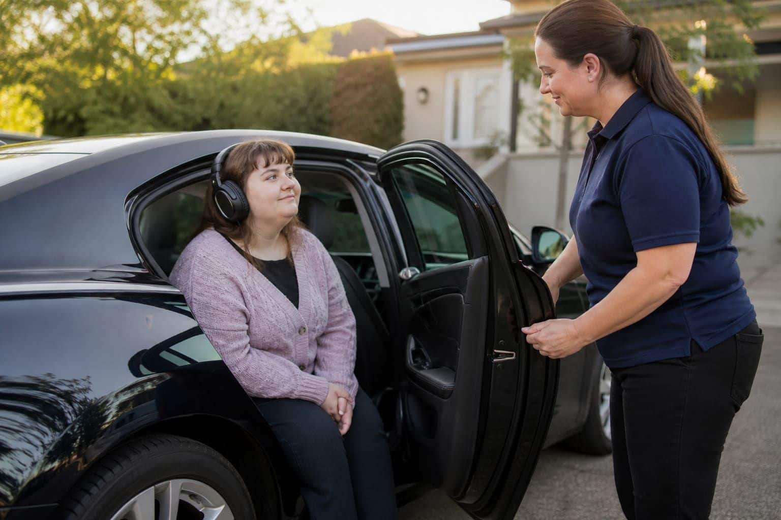 Caregiver welcoming a young adult with autism wearing noise-reducing headphones to a PEMA ride