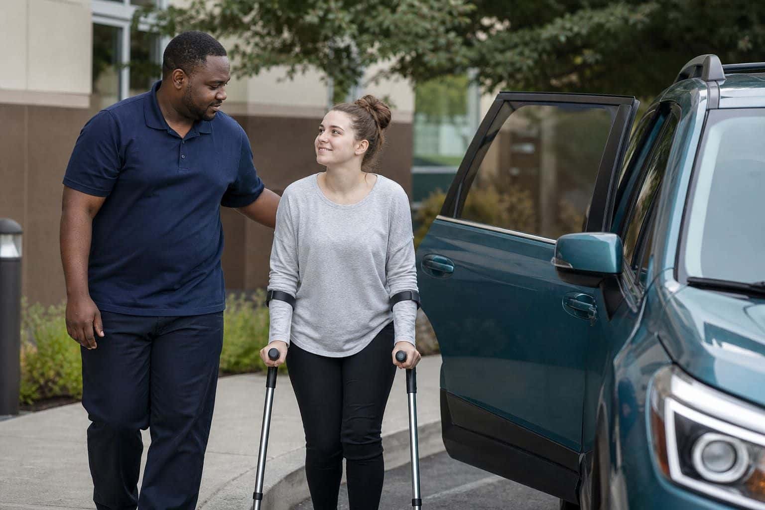 Caregiver walking with a young adult using mobility supports to a PEMA SUV