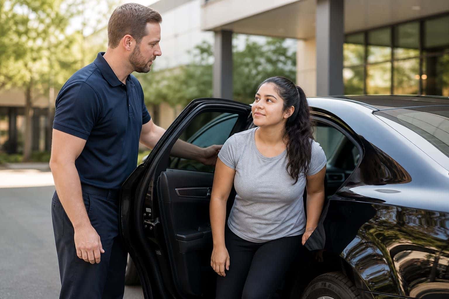 Caregiver helping a young adult with autism arrive for a therapy appointment