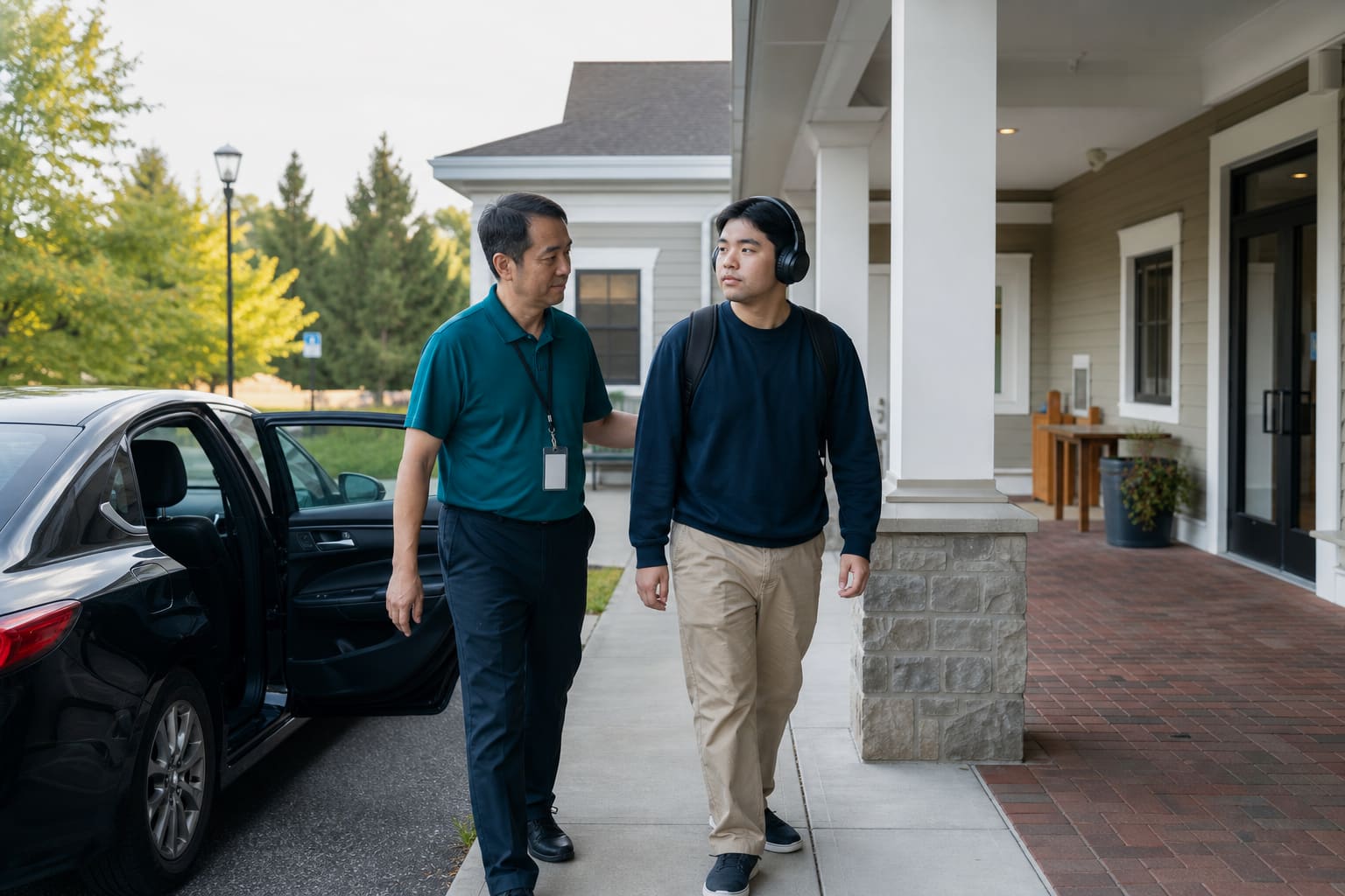 East Asian male monitor escorting a young adult with autism and headphones into a day program