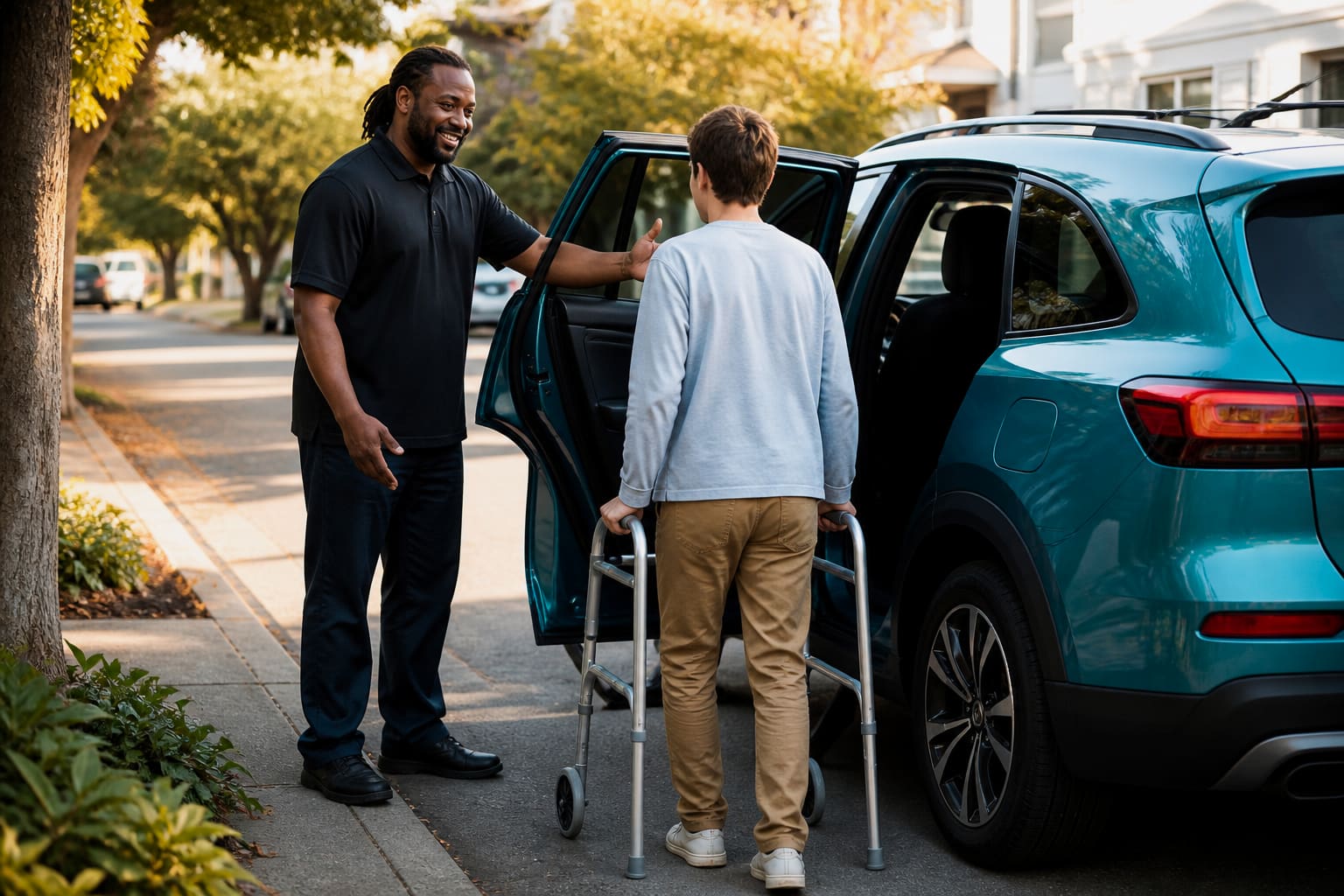 Black male caregiver welcoming a young adult with a walker to a teal SUV