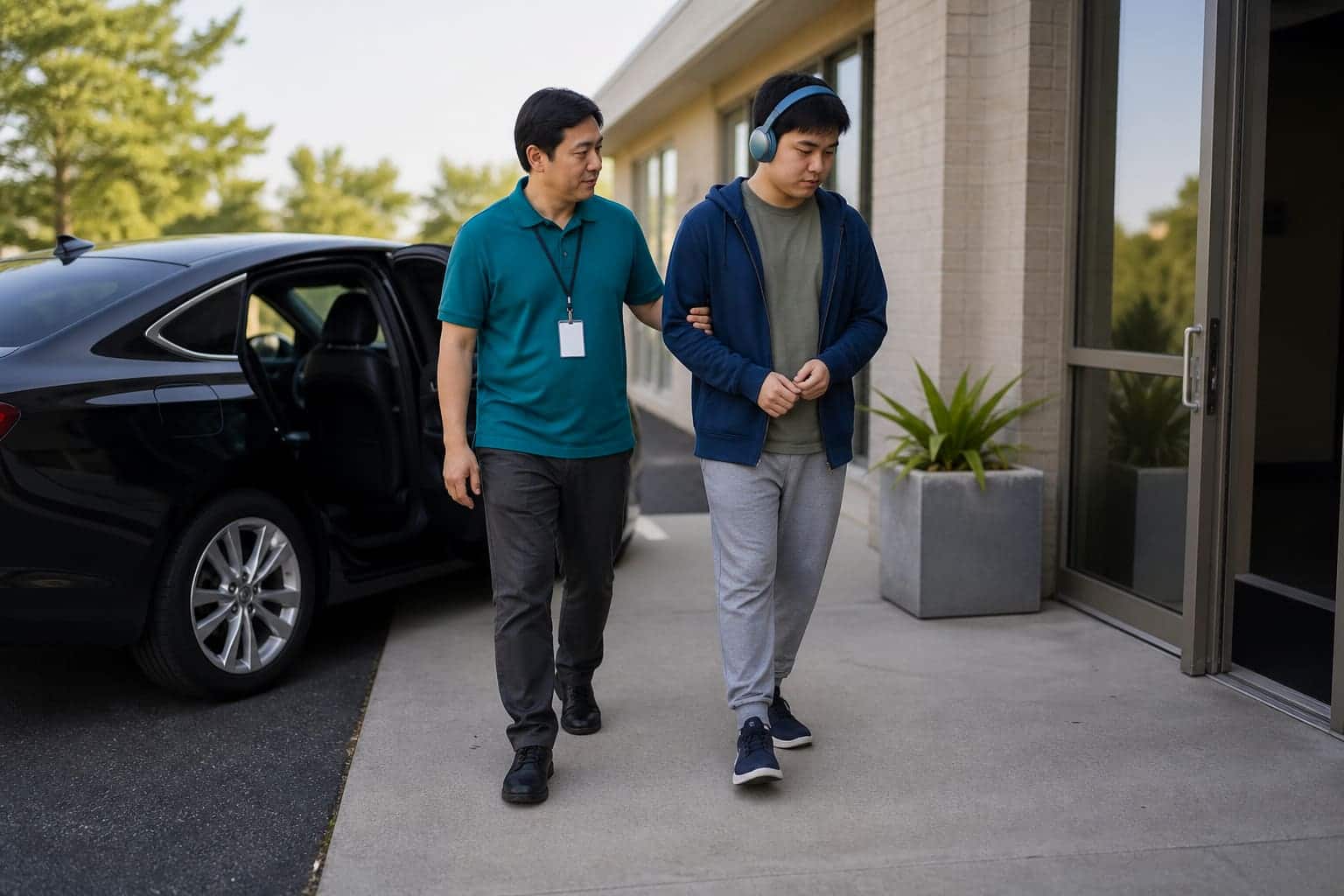 AI-generated scene: East Asian male monitor escorting a young adult with autism and headphones into a day program