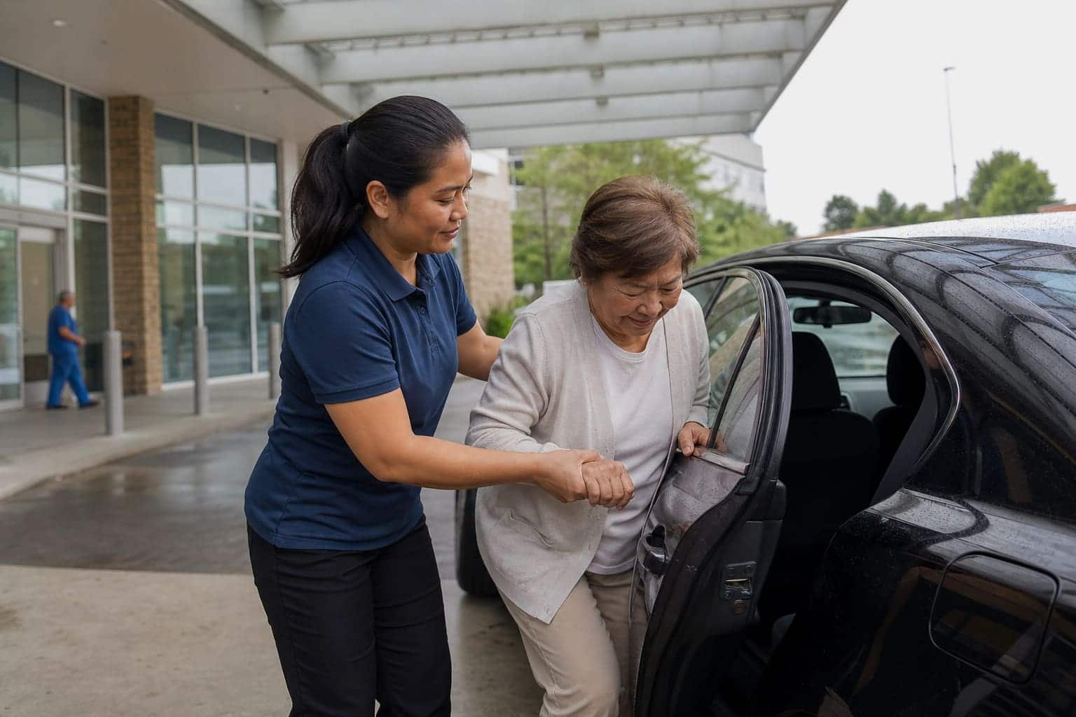 AI-generated scene: Filipina caregiver helping an ambulatory passenger into a sedan at hospital discharge