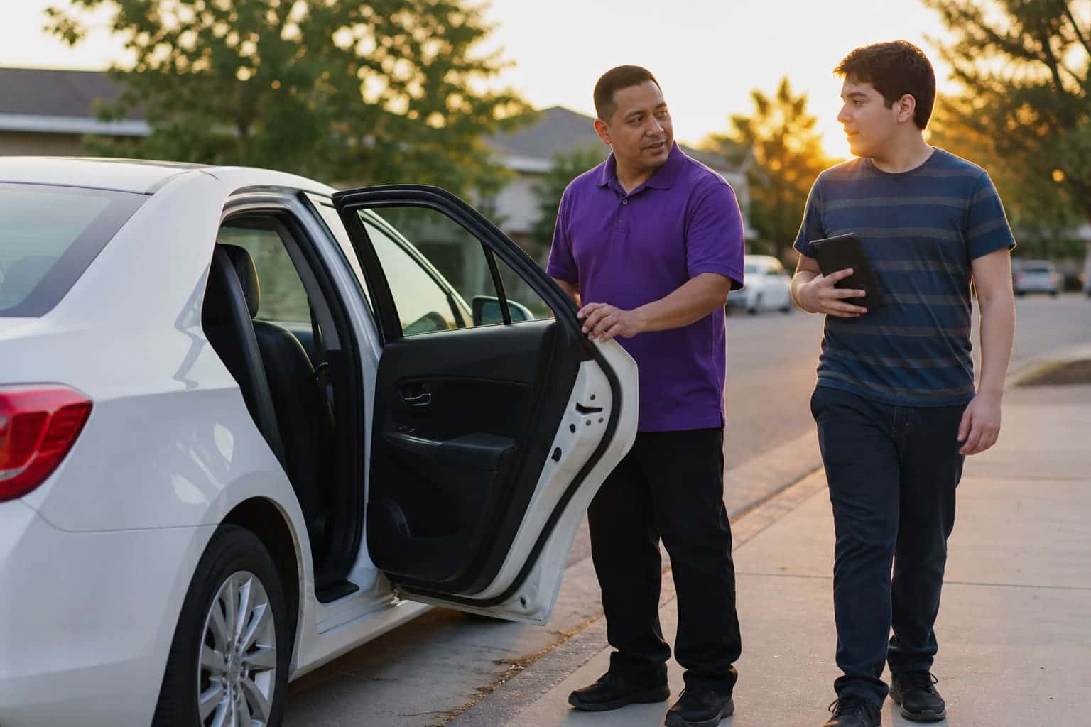 AI-generated scene: Latino caregiver opening a sedan for a young adult with autism holding a tablet